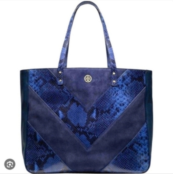 🍁🍂HTF RARE Tory Burch Blue & Night Sky Chevron Leather Suede Tote Italian - Picture 1 of 6